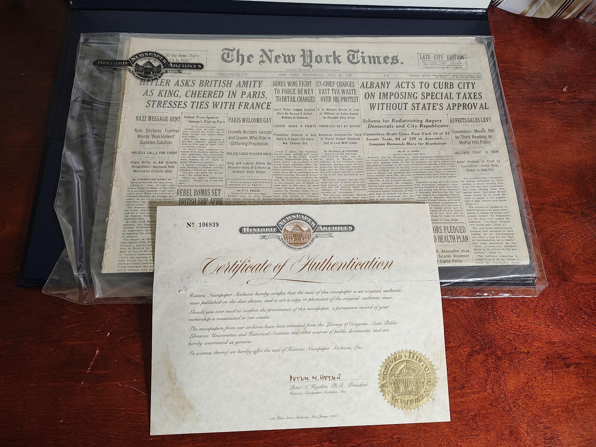 Certified NY Times Newspaper from 1938