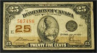 1923 Dominion of Canada Twenty Five Cent Bank Note