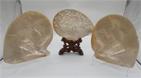 Three Chinese carved mother of pearl shells
