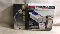 Swing arm lamp, stackable drawer