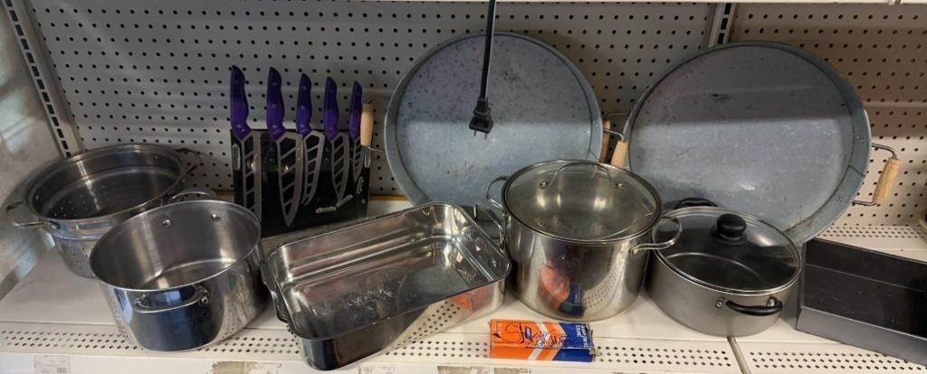 Lot of Pots, Pans & Galvanized Trays Knife Set &