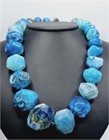 Chunky Blue Agate Necklace Sterling Silver Clasp