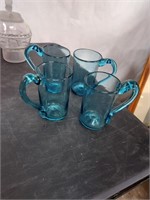 4 vintage hand-blown blue glasses 5in