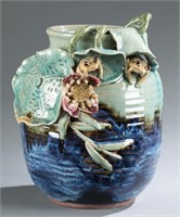 Palissy ware style vase with frogs and lily pads
