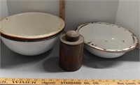 porcelain bowls and tin oil can