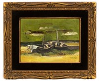 Small American School Oil, Beached Fishing Boats