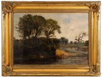 19th C. American School Oil Landscape, Duck Pond