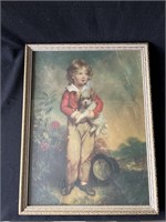 Vintage French boy with dog in ornate frame 13x17