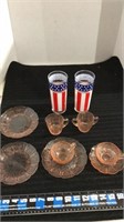 Vintage pink glass saucers and cups, and 2 flag