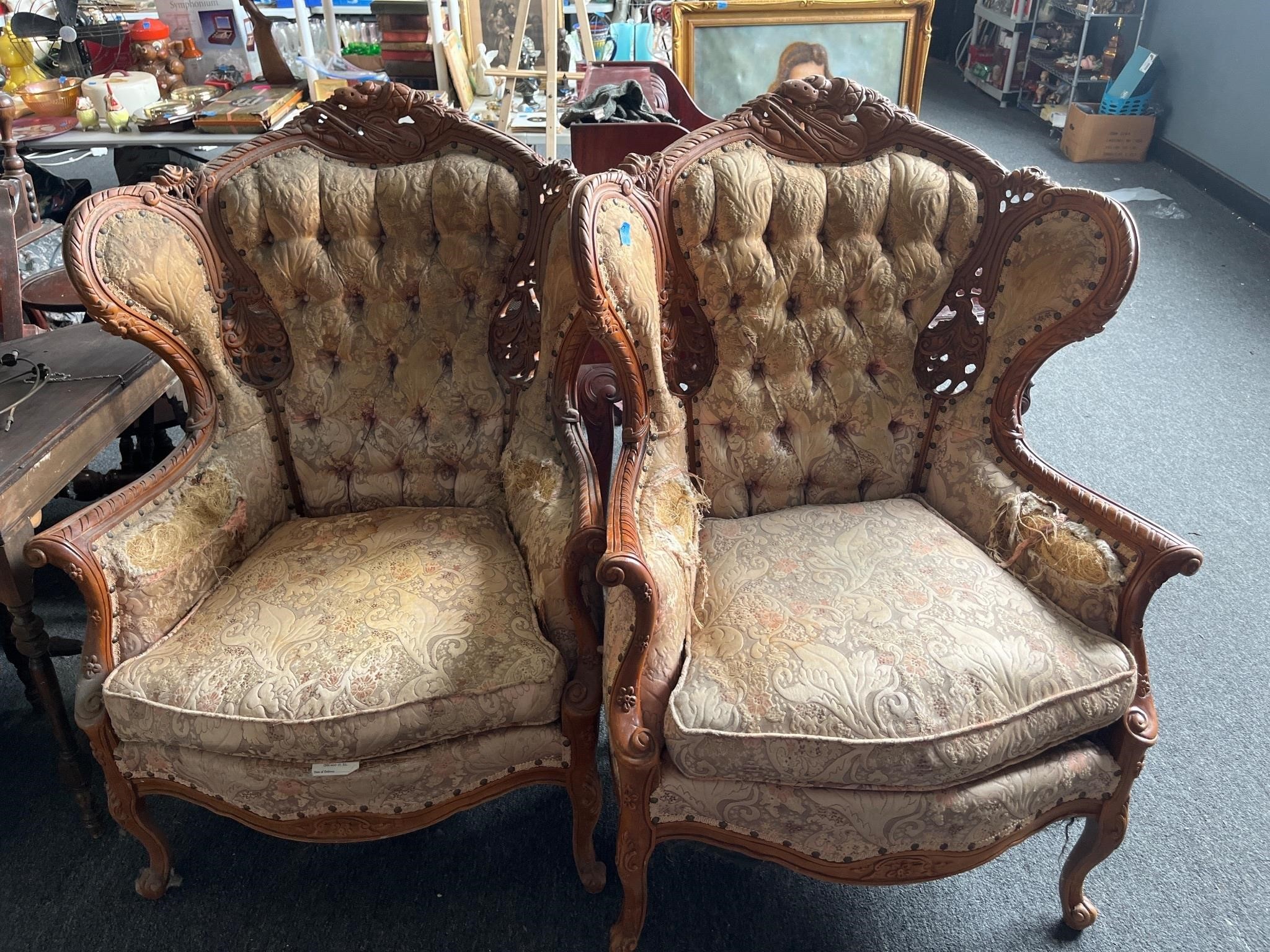 Pair of carved wood violin chairs