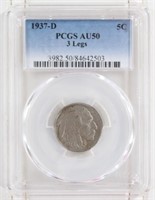 1937-D 3-Legs Buffalo Nickel PCGS AU50