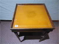 Mahogany leather top 2 tier table 17.5" square