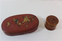 2 Very Old Painted Wood Boxes w/ Feathers & Skull