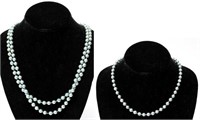 Blue Gray Pearls Opera Length Necklace & Bracelet