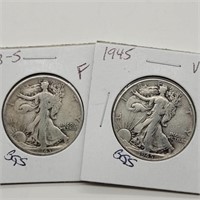 1943 S & 1945 WALKING LIBERTY HALF DOLLARS F & VF