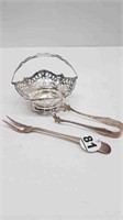 SMALL STERLING BASKET WITH HANDLE + PICKLE FORK +