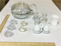 Glass kitchenware w/ salt & pepper shakers &