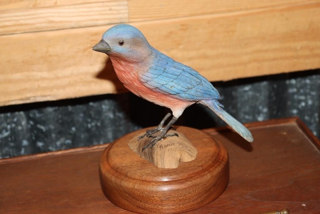 Bluebird carving mounted on wood by Beau Nelson