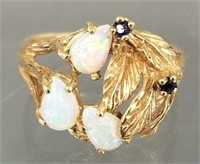 14K gold ring set with opals & blue sapphires