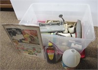 Tote with lid. Includes vintage Lysol bottle,