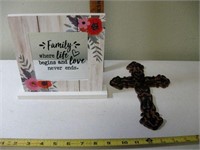 Family Sign & Cast Iron Cross 6 1/2" x 10"