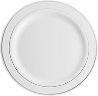 100CT, 10.25" Plastic Plates White w/Silver Rim