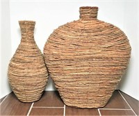 Two Woven Rush Vases with Wire Bracing