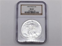 1995 One Dollar Silver Eagle NGC MS69 Graded