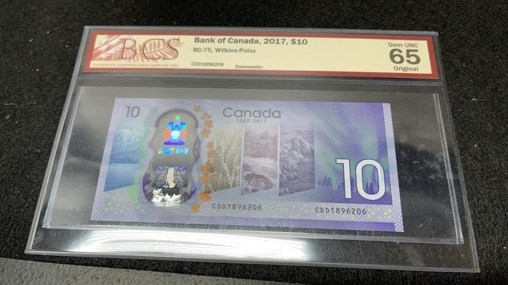 2017 Canadian 10 Dollar Bill BCS Graded 65