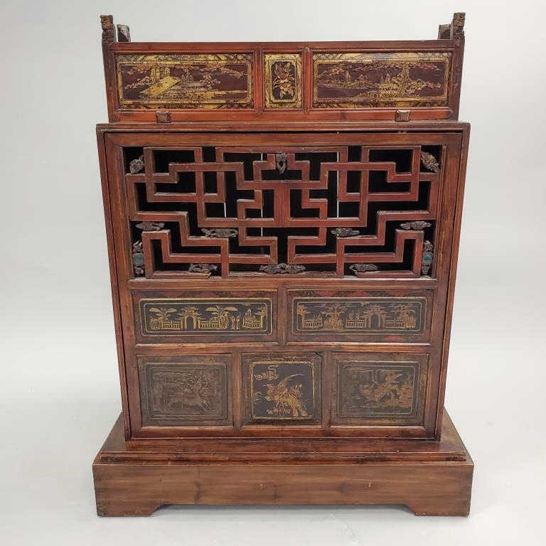 Antique Chinese dowry chest on stand with carved