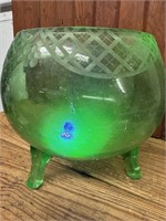 6" Uranium Glass Flower Frog Bowl--WOW!