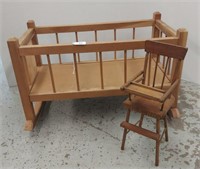 WOODEN DOLL BED AND MINIATURE HIGH CHAIR