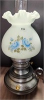 Blue Satin Lamp, “Blue Roses”, Hammered Colonial