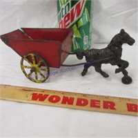 Cast iron horse & wheel pulling tin cart