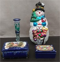 Box Decor-Glass Vase, Glass Snowman, 2 Porcelain