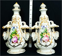 Pair vintage Old Paris floral urns
