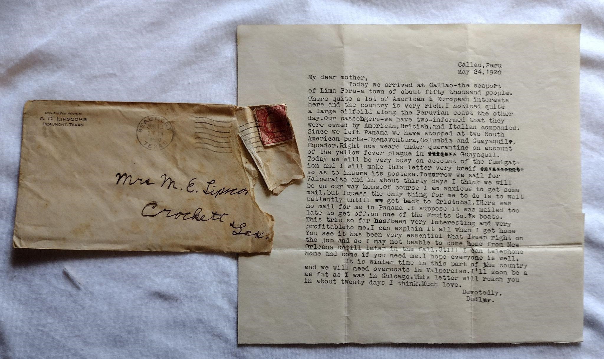 1920 Letter Crockett from Callao Peru Son to Mom
