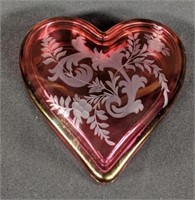Vintage Etched Cranberry Heart Trinket Dish