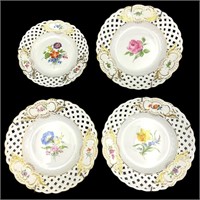 4 MEISSEN Reticulated Painted Floral Plates