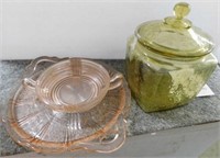 Amber Madrid depression glass cracker jar w/ lid -