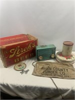 Stroud case, Nail apron, tins, radio