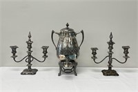 Silver Plated Coffee Urn and Candelabras