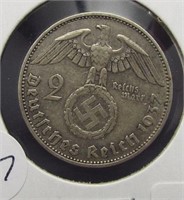1937 Nazi Germany 2 Marks silver coin.