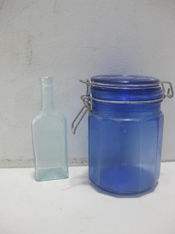 Blue Glass Jar Canister W/Bottle See Info