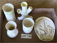 "Belleek" Platter, Clover Leaf Cup, (3) Vases