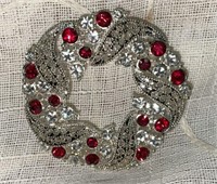 Vtg. Silver Tone Holiday Wreath Red & Clear