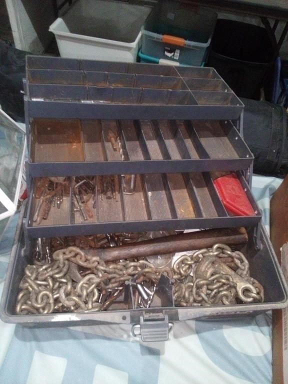 Toolbox with heavy chains and hammer