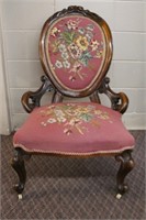 Carved hip rest needlepoint parlour chair on