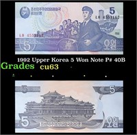 1992 Upper Korea 5 Won Note P# 40B Grades Select C