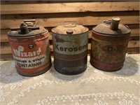 (3) METAL 5 GALLON CANS WIZARD/D-X/KEROSENE